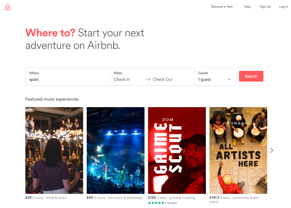 Airbnb homepage