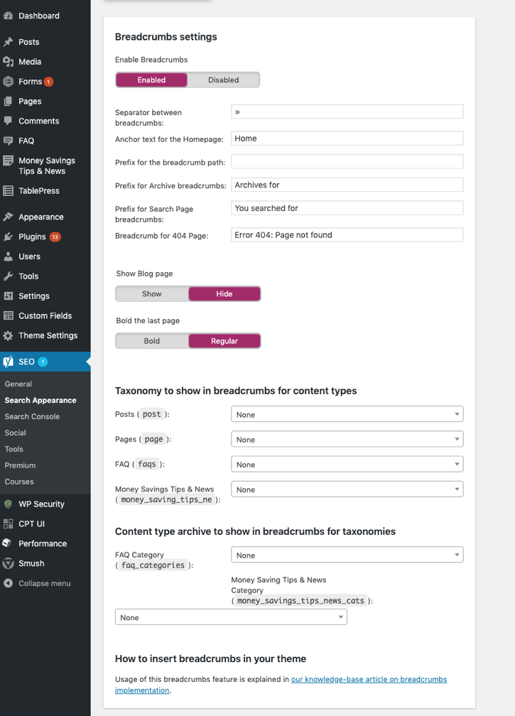 breadcrumb settings on wordpress