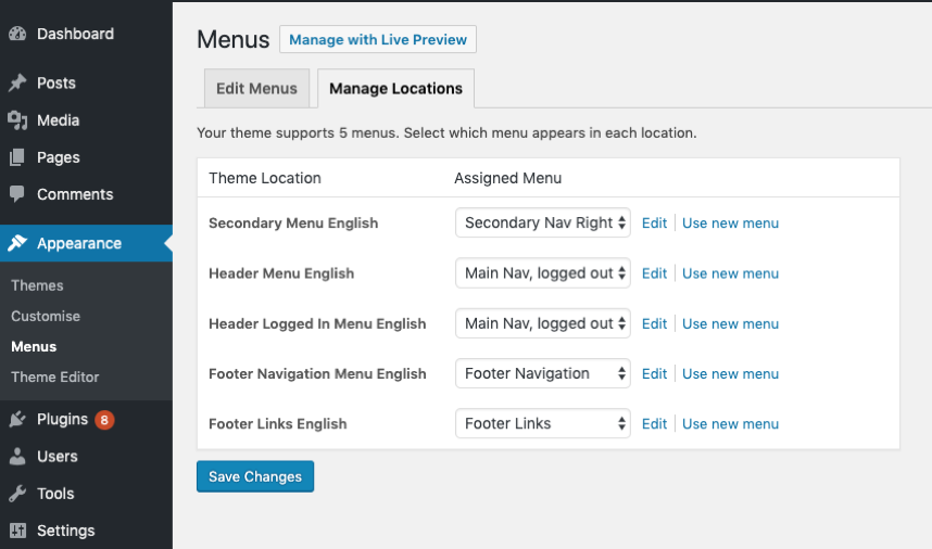 navigation menu settings wordpress