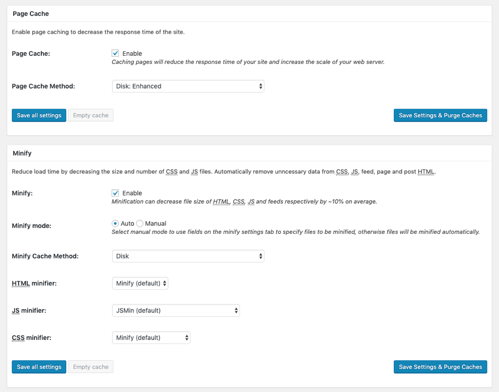 page caching settings wordpress