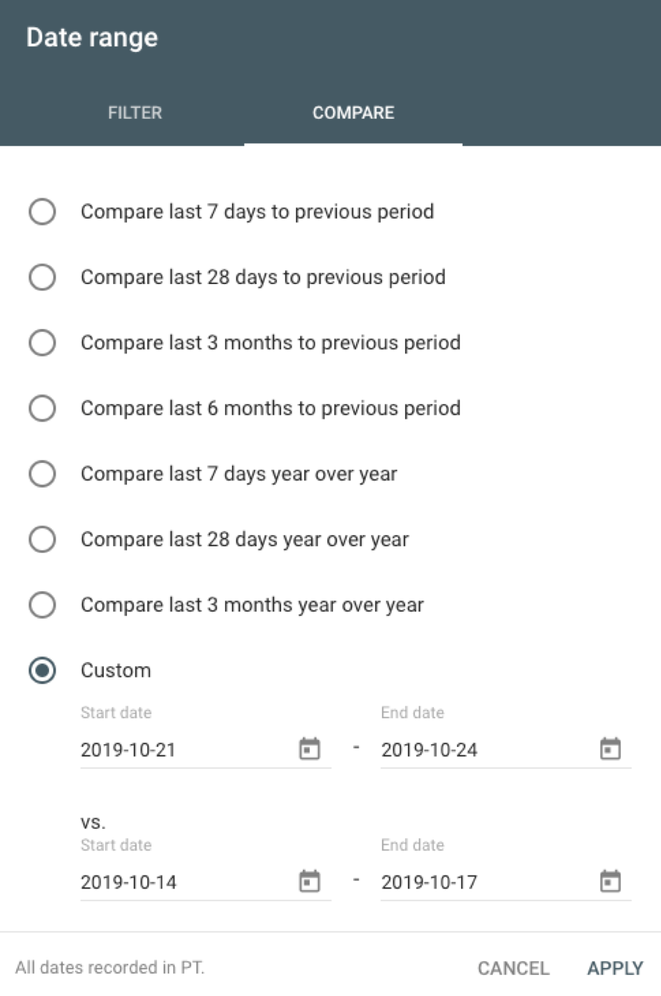 date range on google search console