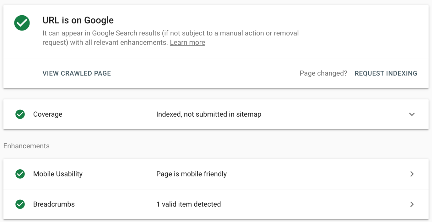 URL inspection report GSC